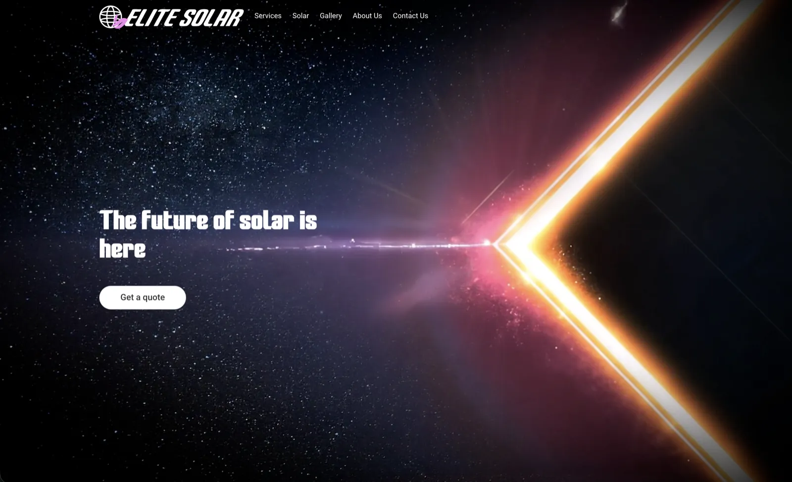 Elite Solar homepage: a starfield hero with the headline &ldquo;The future of solar is here&rdquo; and a Get a quote button