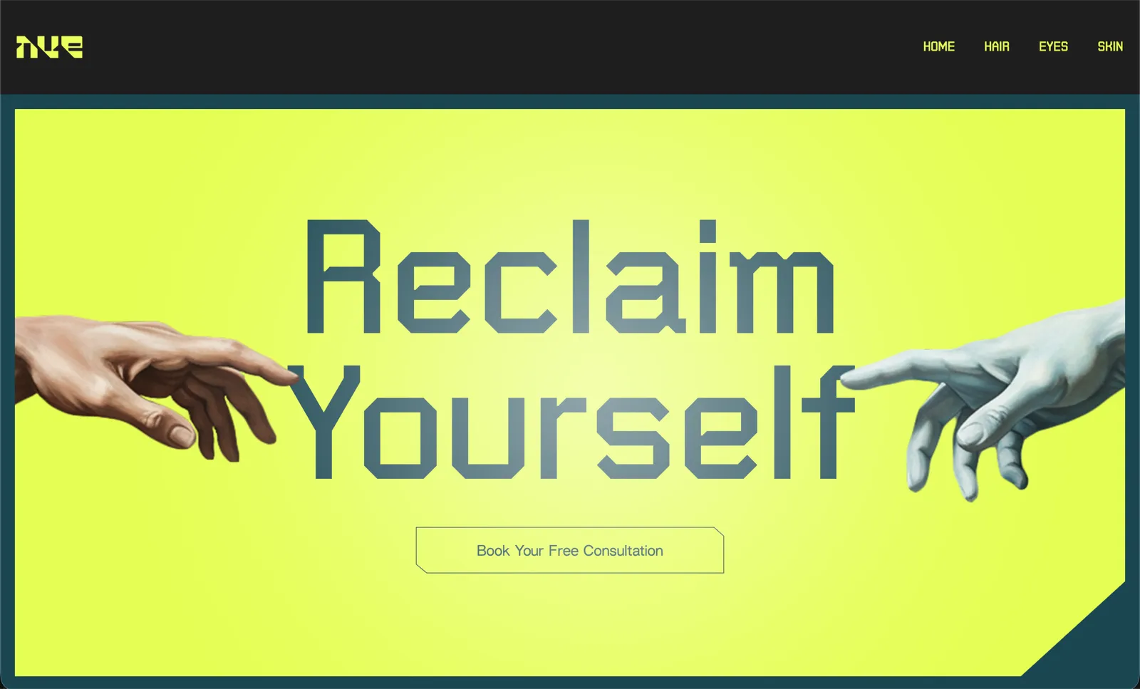Nueroot homepage: the headline &ldquo;Reclaim Yourself&rdquo; between two reaching hands on a lime background